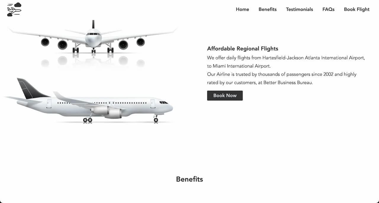 airline landing page screenshot