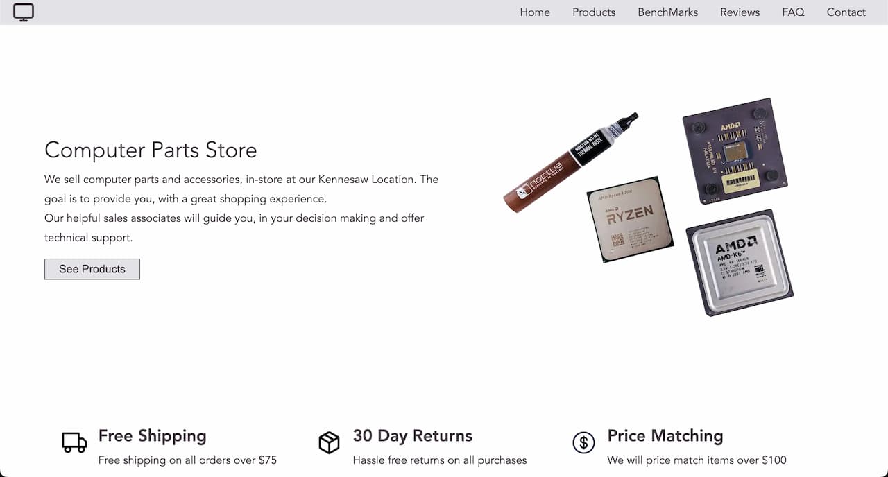 computer parts landing page screenshot
